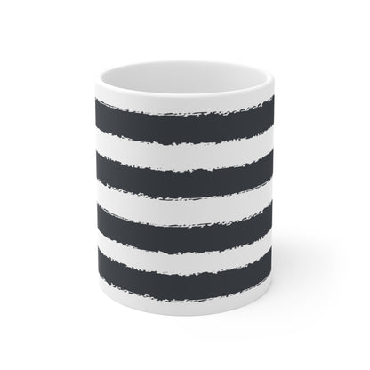 White Ceramic Mug with Wide Horizontal Brush Stroke Print in Dark Grey #CACM-1201-221