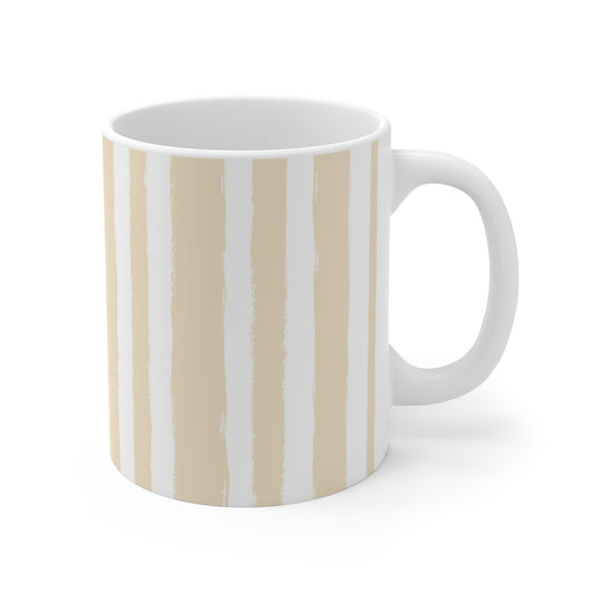 White Ceramic Mug with Bold Vertical Brush Stroke Print in Beige | 330 mL / 11oz