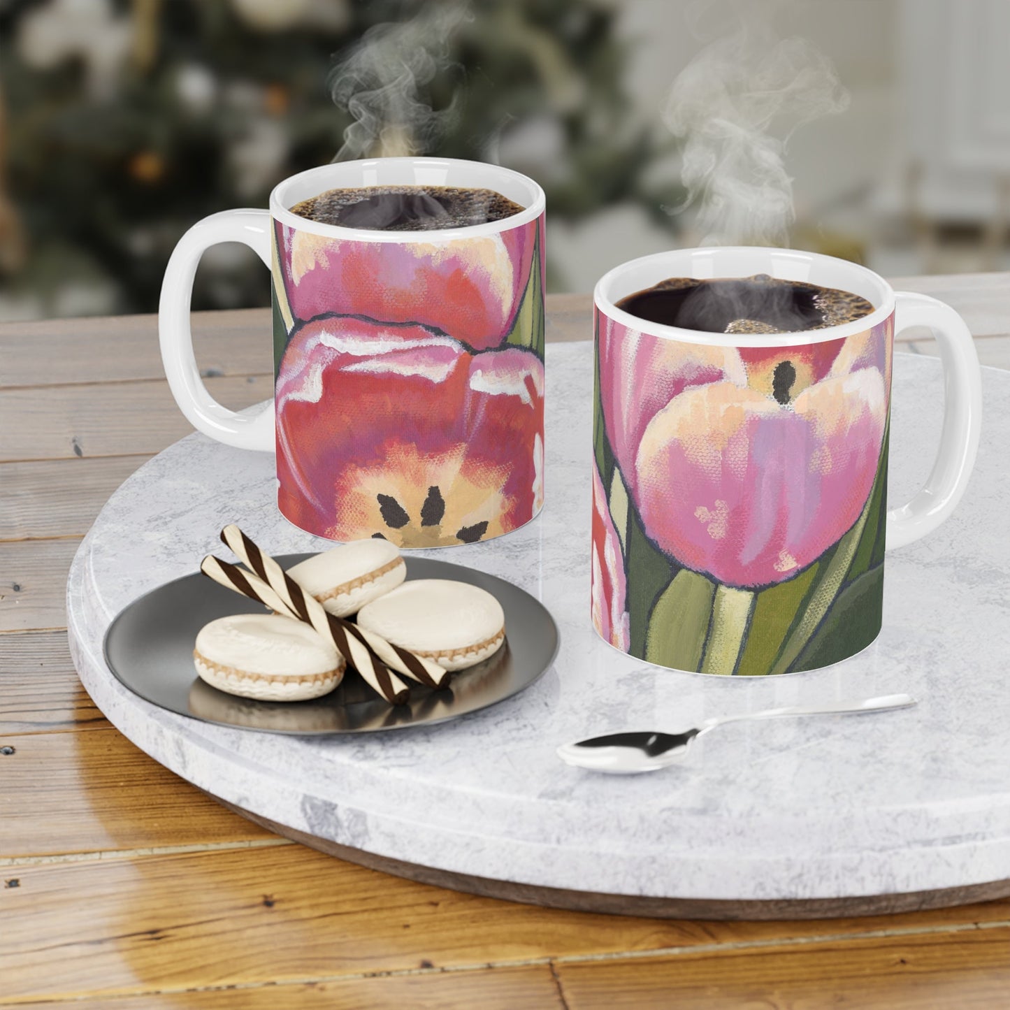 Pink Tulips Ceramic Mug & Polyester Placemat 8-Pc Bundle (Service for 4) | CABF-CM-1080
