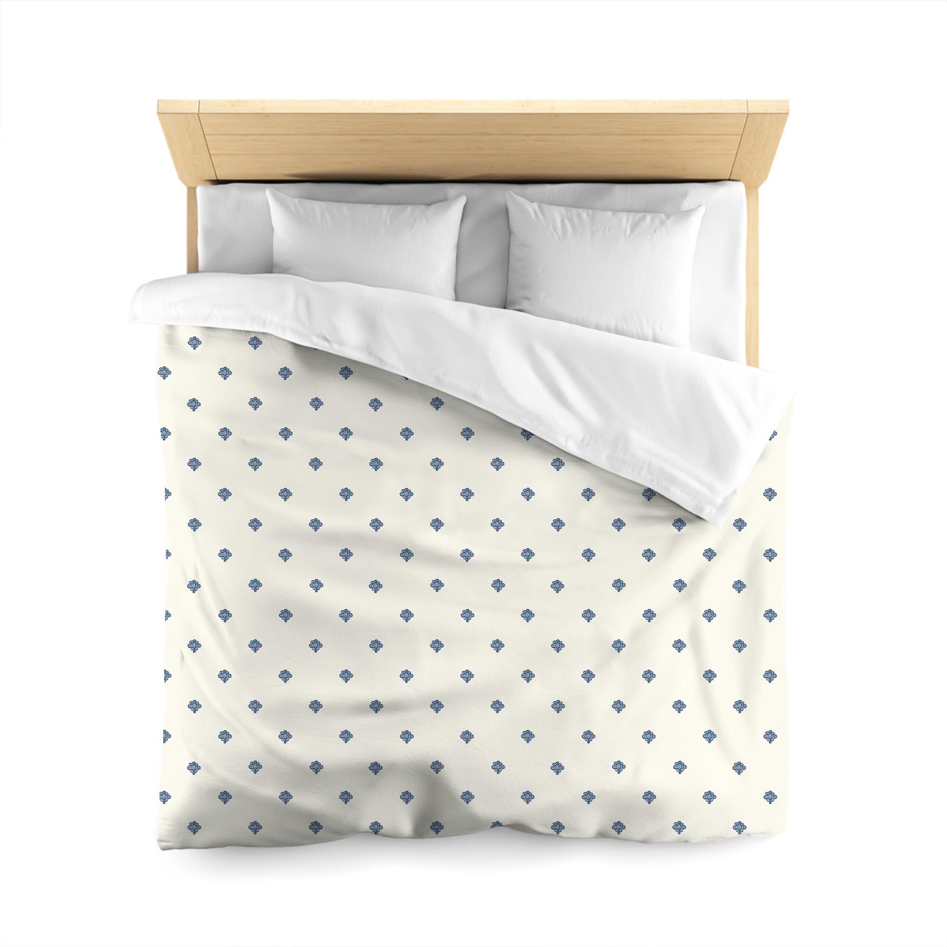 Pale Cream Cotton Sateen Duvet Cover, Royal Blue Hand-painted Swizzle Motif Print | CSDU-1293-171, Queen Size
