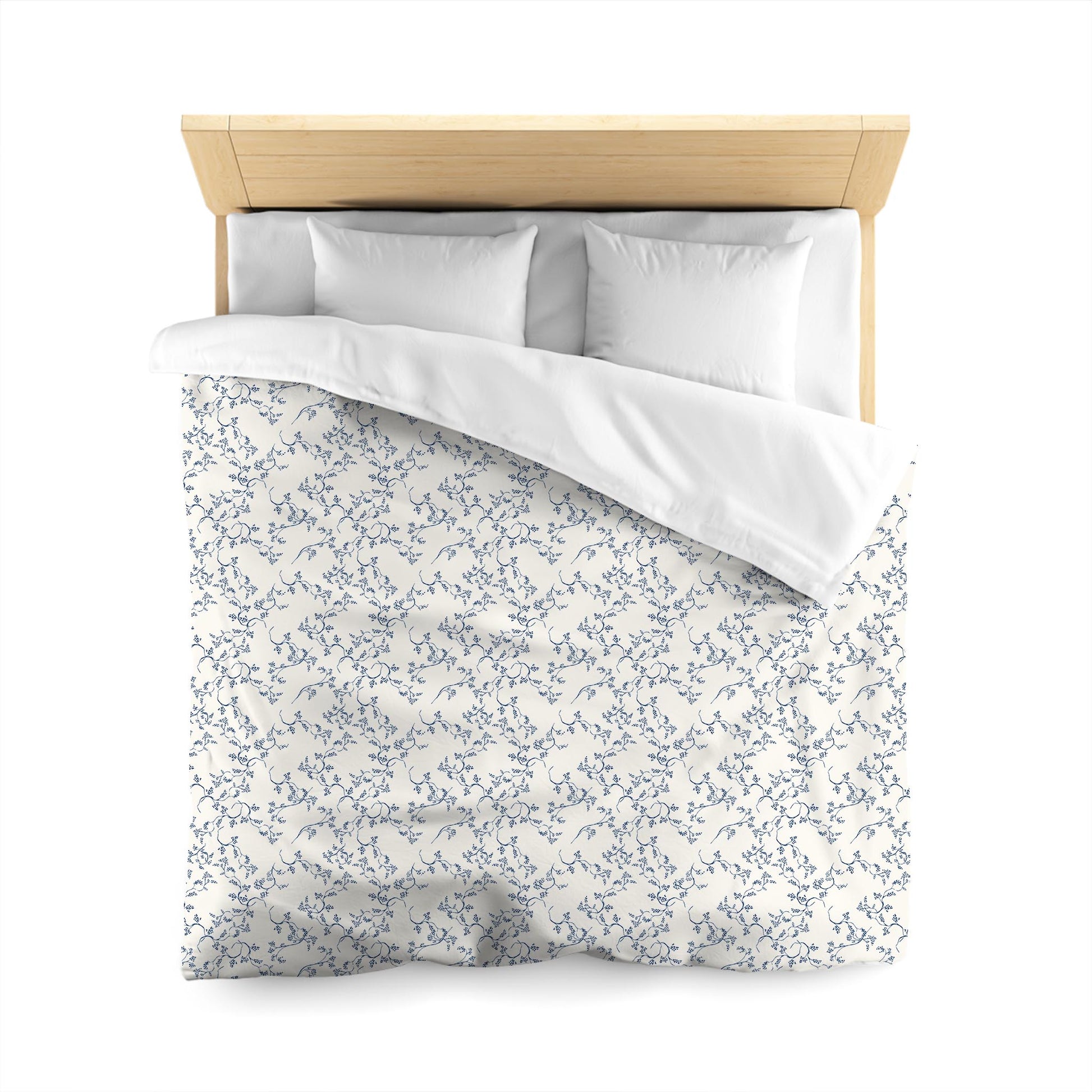 Pale Cream Cotton Sateen Duvet Cover, Royal Blue Hand-painted Vine Print | CSDU-1293-181, Queen Size