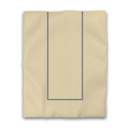 Tan Cotton Sateen Duvet Cover, Royal Blue Repeating Square Motif Print, Classic Border | CSDU-1294-121