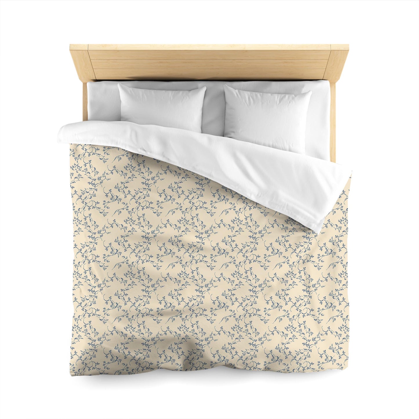 Beige Cotton Sateen Duvet Cover, Royal Blue Hand-painted Vine Print | CSDU-1295-181, Queen Size