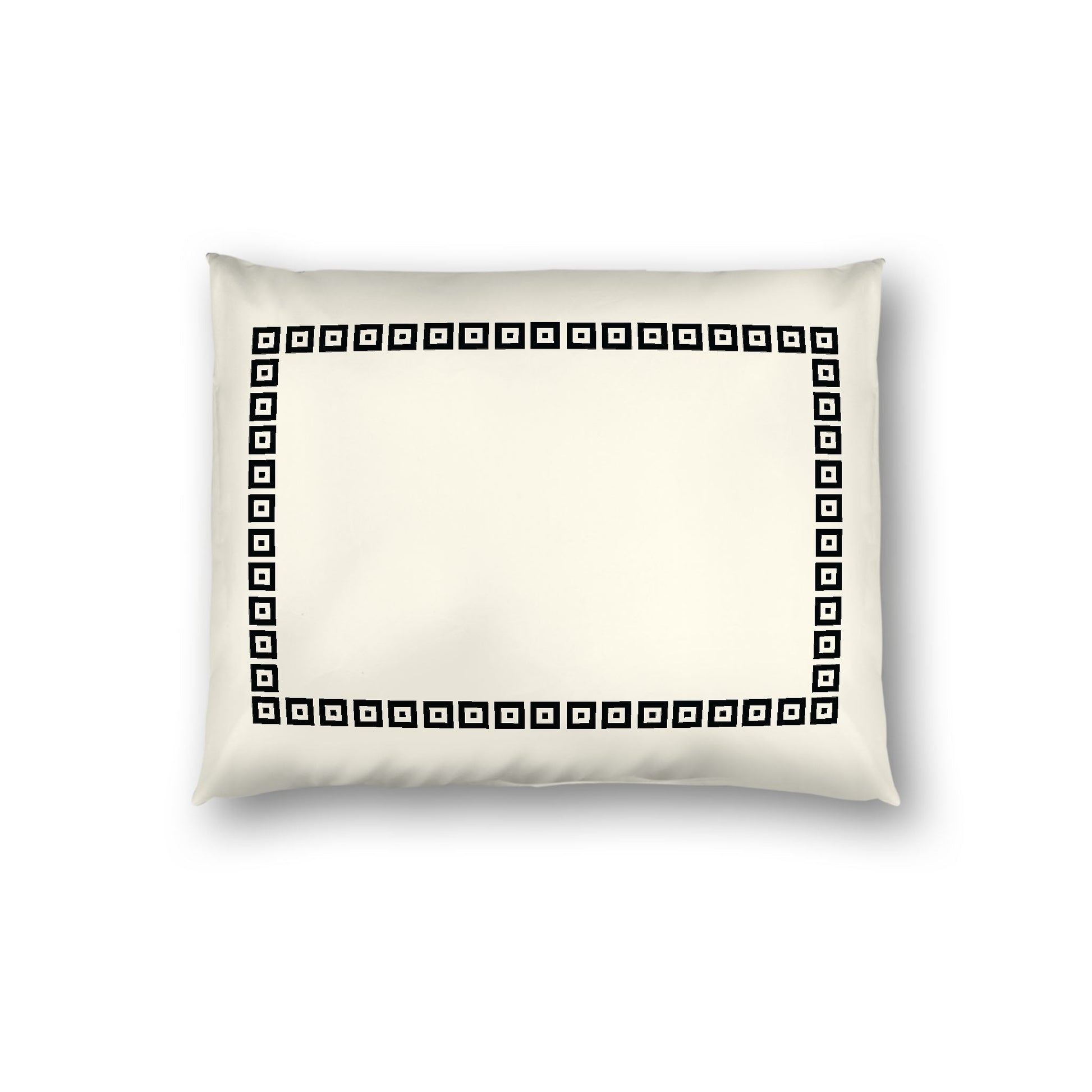 Pale Cream Cotton Sateen Pillow Sham, Black Repeating Square Motif Print, Classic Border, White Reverse Side, Standard - 20 x 26 inches