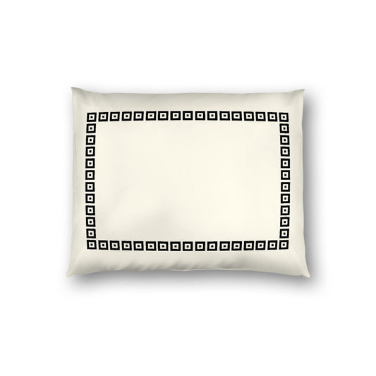 Pale Cream Cotton Sateen Pillow Sham, Black Repeating Square Motif Print, Classic Border, White Reverse Side, Standard - 20 x 26 inches