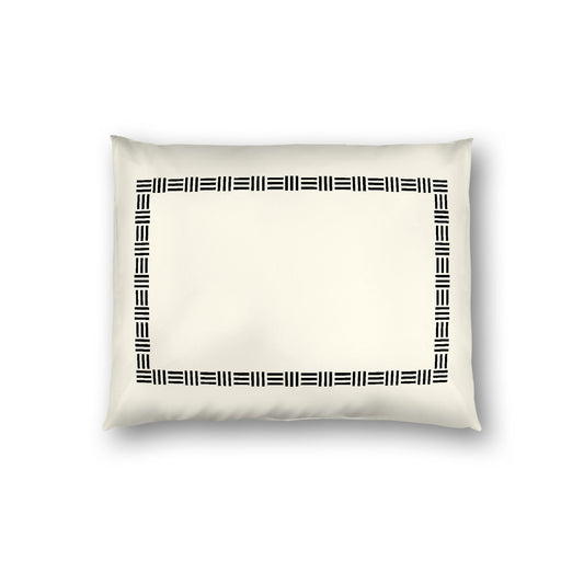 Pale Cream Cotton Sateen Pillow Sham, Black Single Weave Motif Print, Classic Border, White Reverse Side, Standard - 20 x 26 inches