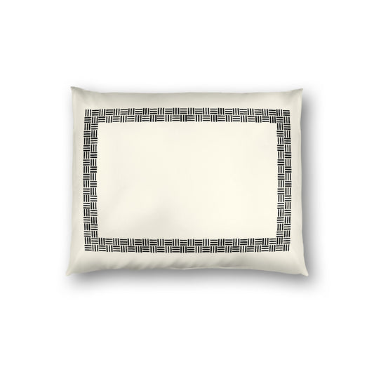 Pale Cream Cotton Sateen Pillow Sham, Black Double Weave Motif Print, Classic Border, White Reverse Side, Standard - 20 x 26 inches