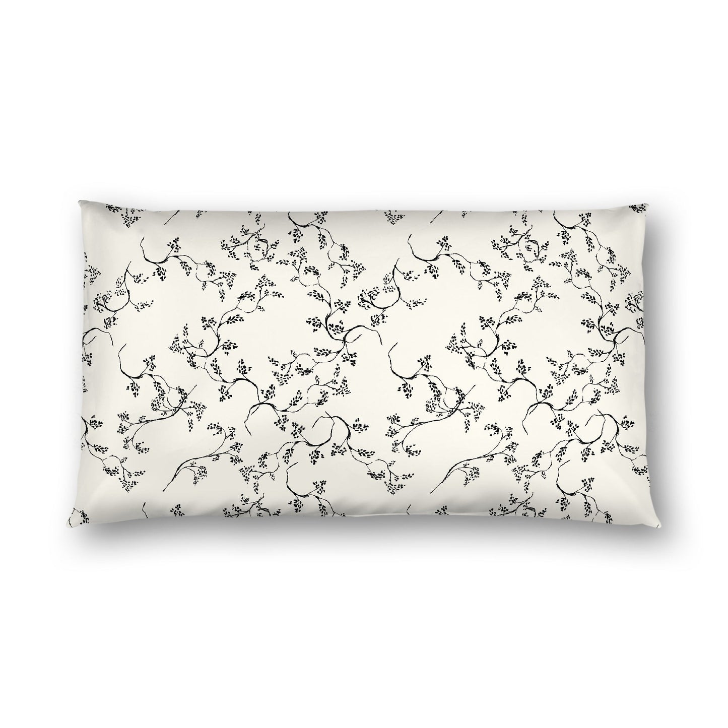 Pale Cream Cotton Sateen Pillow Sham, Black Hand-painted Vine Print, White Reverse Side, King - 20 x 36 inches