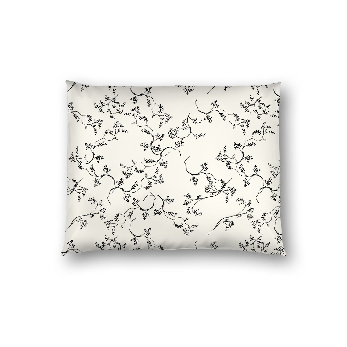 Pale Cream Cotton Sateen Pillow Sham, Black Hand-painted Vine Print, White Reverse Side, Standard - 20 x 26 inches