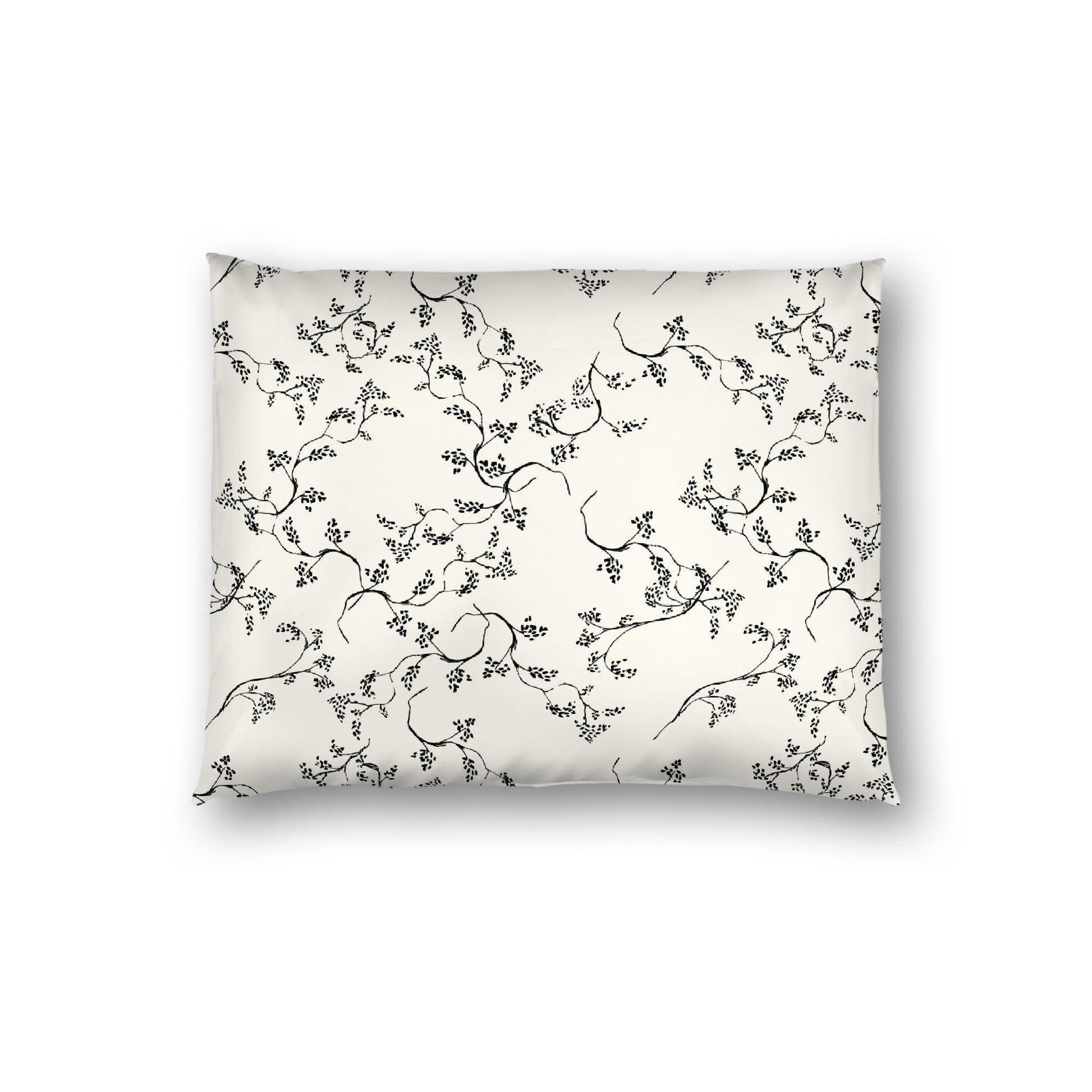 Pale Cream Cotton Sateen Pillow Sham, Black Hand-painted Vine Print, White Reverse Side, Standard - 20 x 26 inches