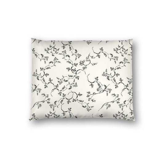 Pale Cream Cotton Sateen Pillow Sham, Black Hand-painted Vine Print, White Reverse Side, Standard - 20 x 26 inches