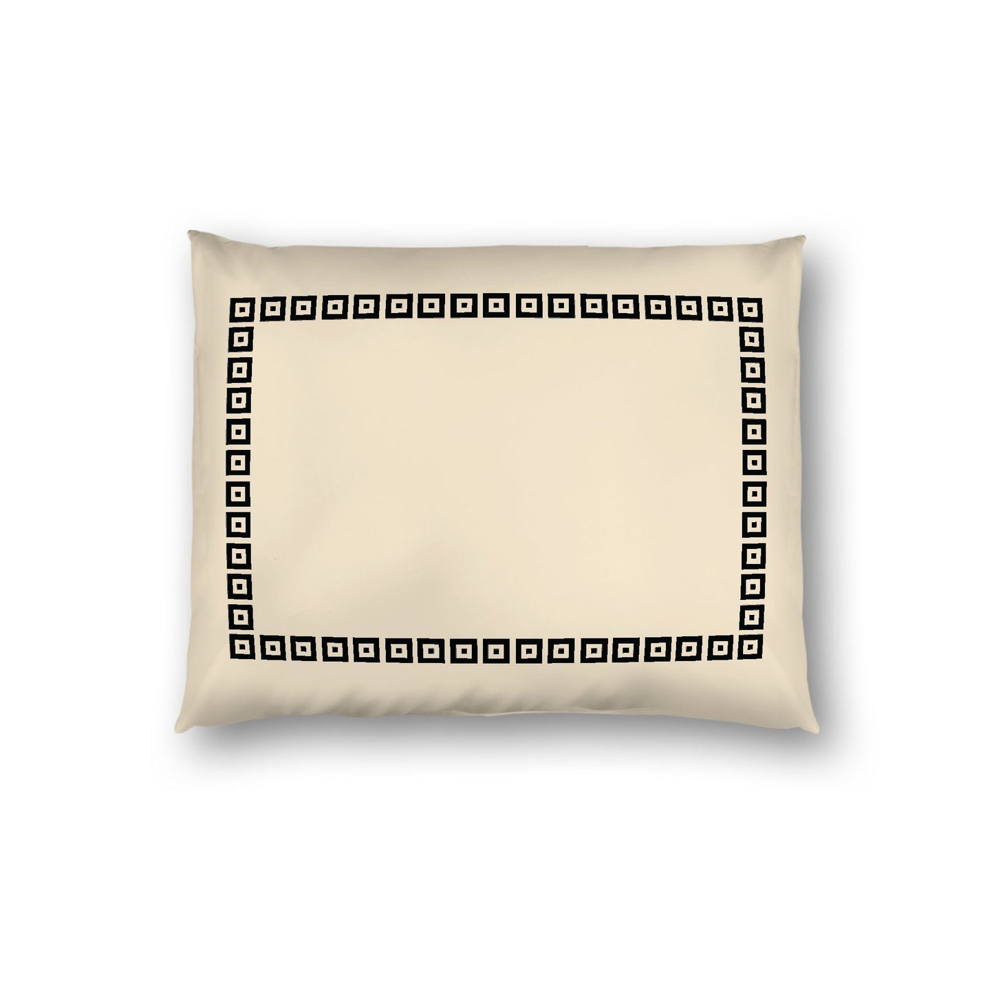 Beige Cotton Sateen Pillow Sham, Black Repeating Square Motif Print, Classic Border, White Reverse Side, Standard - 20 x 26 inches