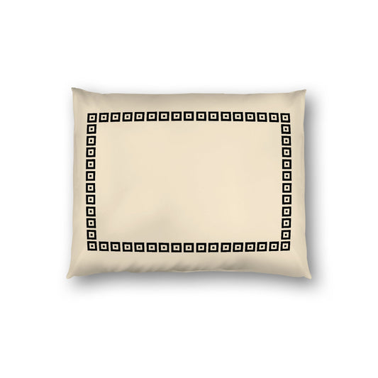 Beige Cotton Sateen Pillow Sham, Black Repeating Square Motif Print, Classic Border, White Reverse Side, Standard - 20 x 26 inches