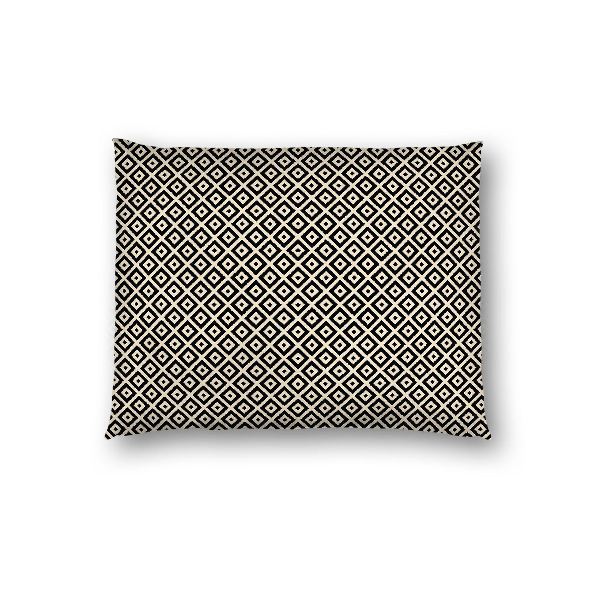 Beige Cotton Sateen Pillow Sham, Black Repeating Square Motif Print, White Revese Side, Standard - 20 x 26 inches