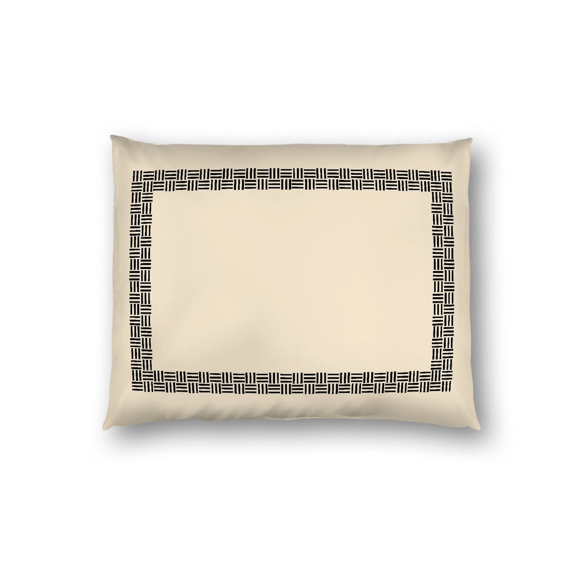 Beige Cotton Sateen Pillow Sham, Black Double Weave Motif Print, Classic Border, White Reverse Side, Standard - 20 x 26 inches