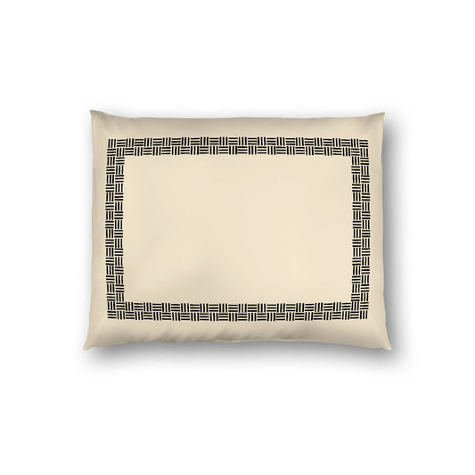 Beige Cotton Sateen Pillow Sham, Black Double Weave Motif Print, Classic Border, White Reverse Side, Standard - 20 x 26 inches