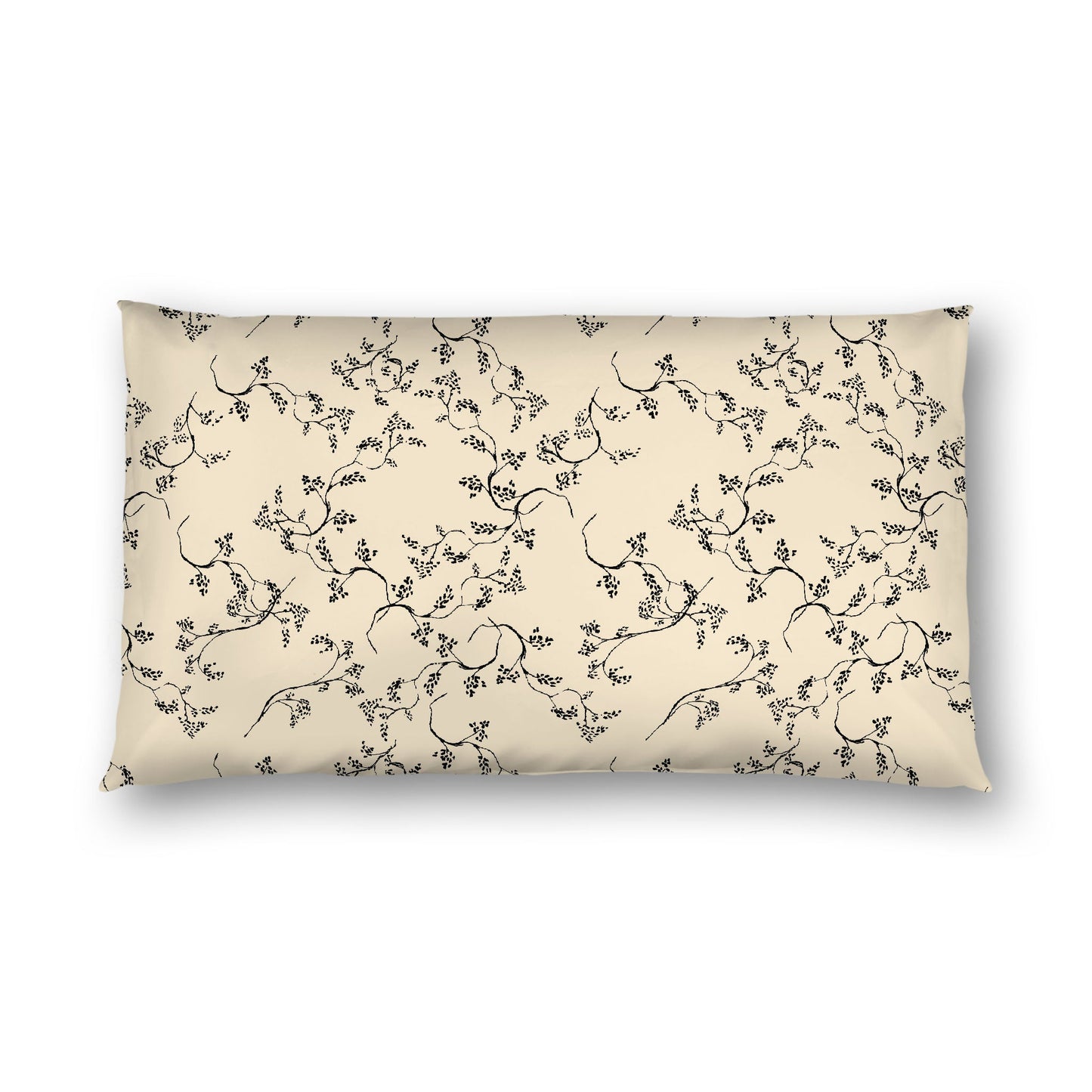 Beige Cotton Sateen Pillow Sham, Black Hand-painted Vine Print, White Reverse Side, King - 20 x 36 inches