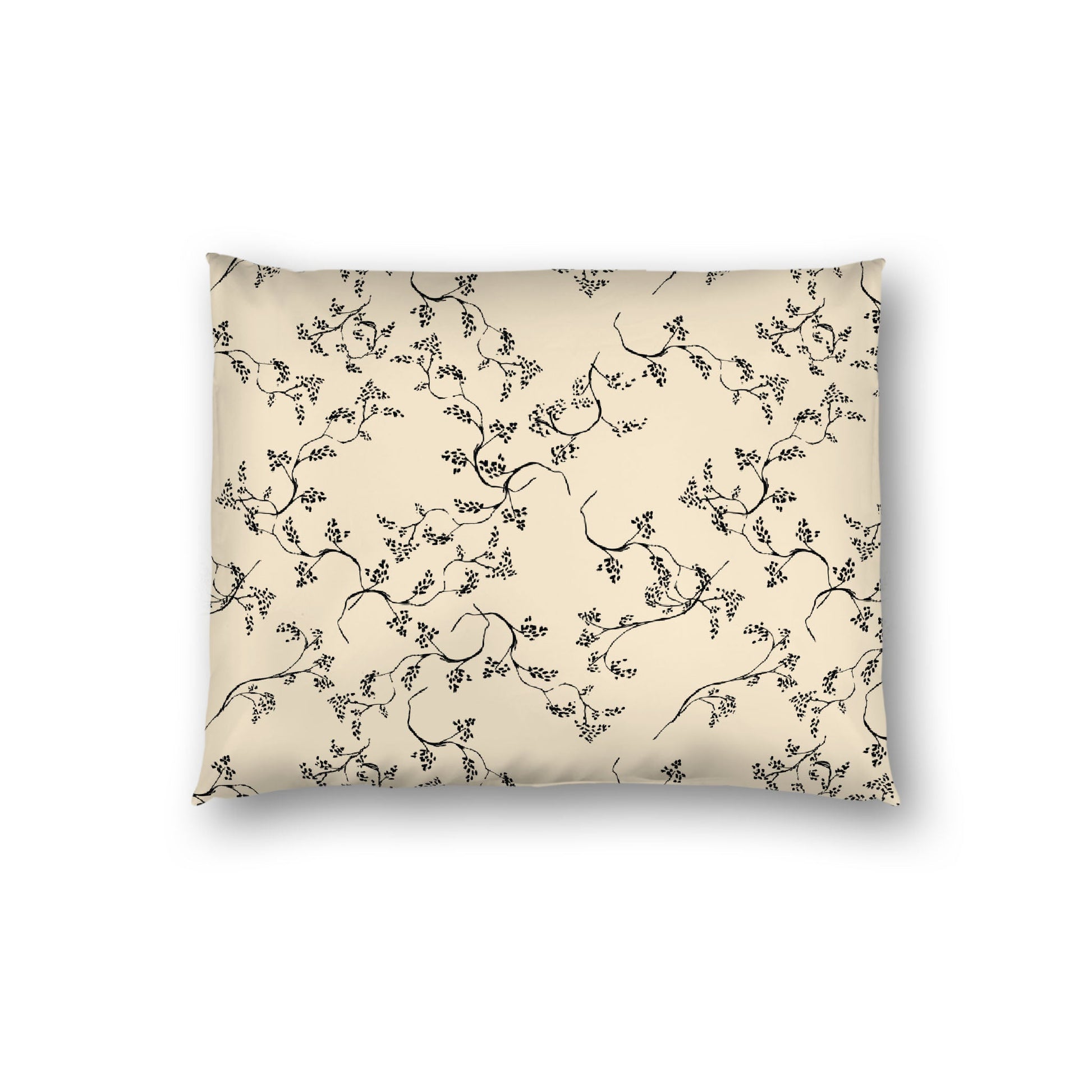 Beige Cotton Sateen Pillow Sham, Black Hand-painted Vine Print, White Reverse Side, Standard - 20 x 26 inches