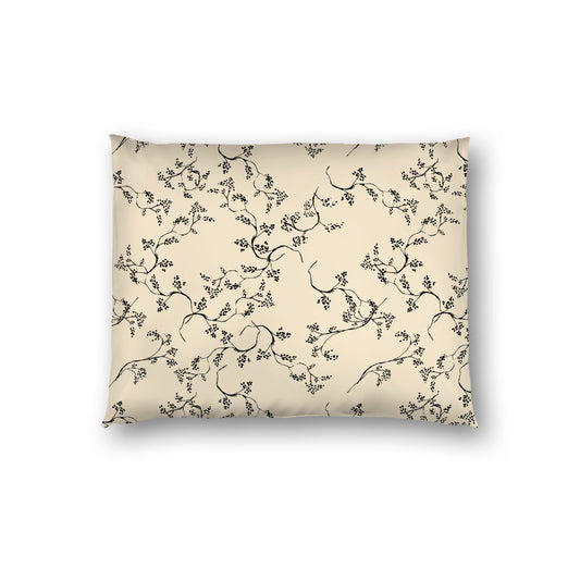Beige Cotton Sateen Pillow Sham, Black Hand-painted Vine Print, White Reverse Side, Standard - 20 x 26 inches
