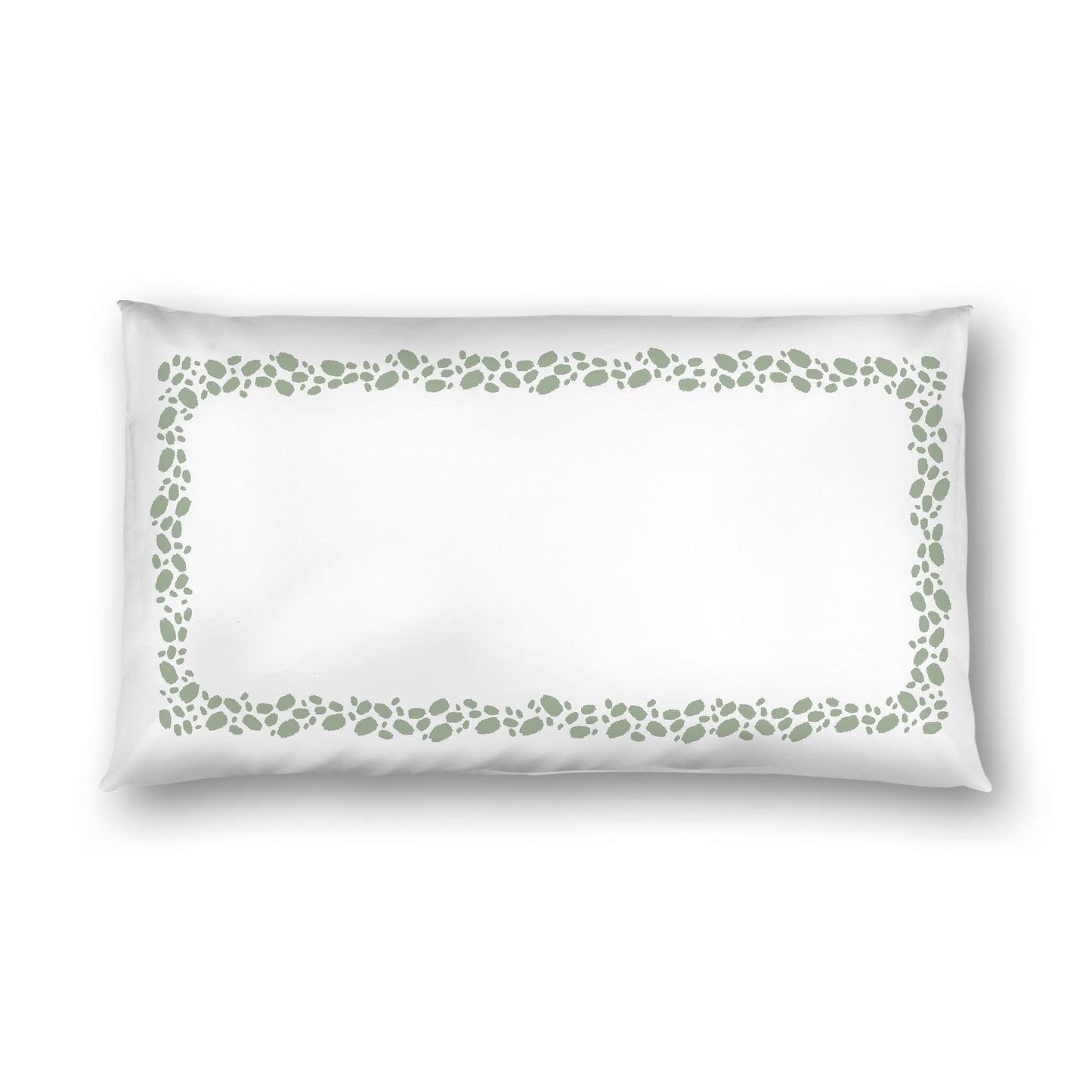 Off-white Cotton Sateen Pillow Sham, Green Hand-painted Dab Motif Print, Classic Border, White Reverse Side, King - 20 x 36 inches