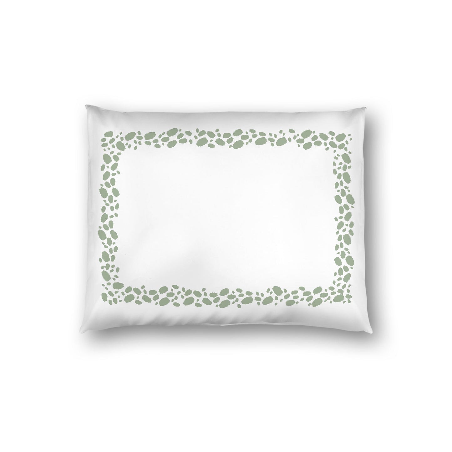 Off-white Cotton Sateen Pillow Sham, Green Hand-painted Dab Motif Print, Classic Border, White Reverse Side, Standard - 20 x 26 inches