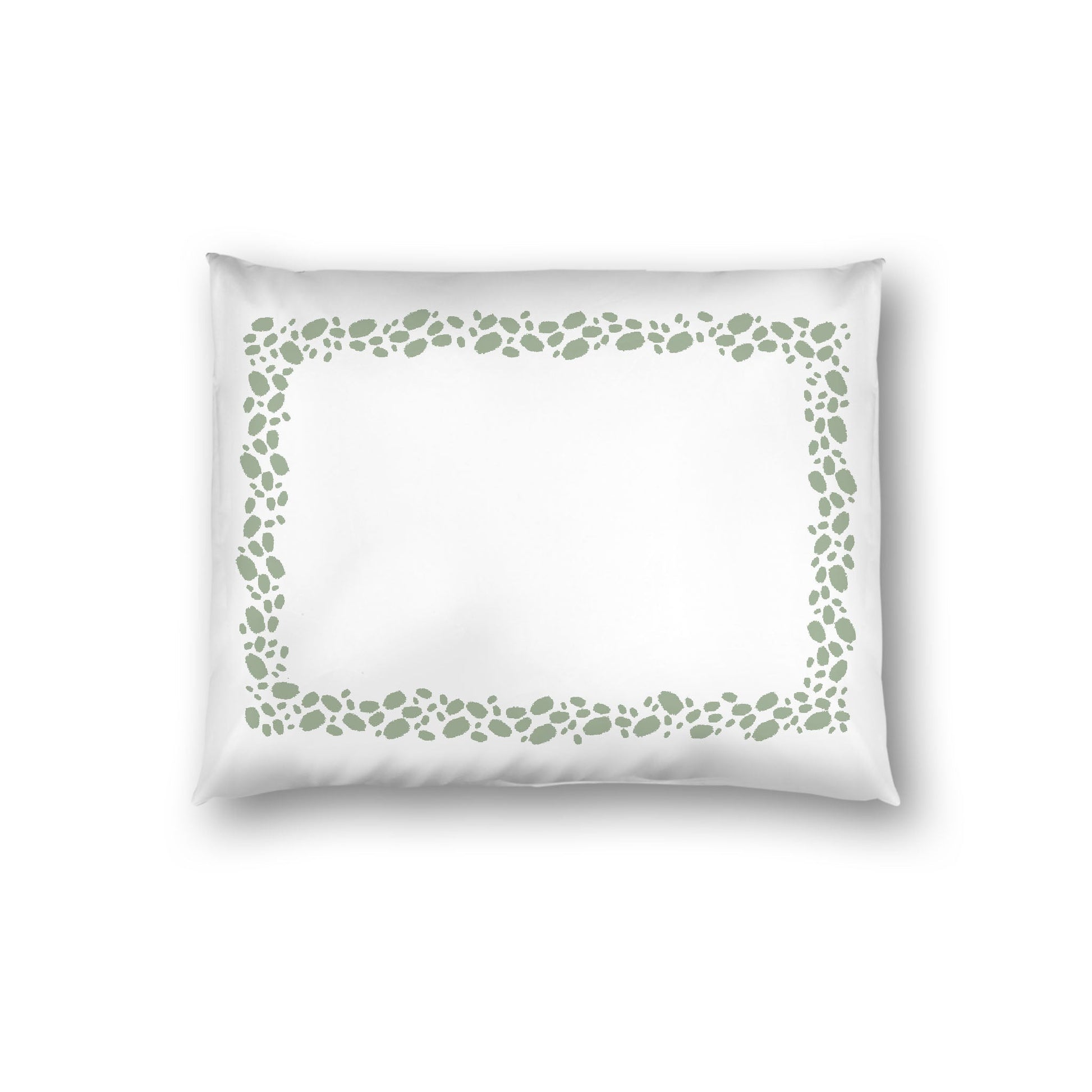 Off-white Cotton Sateen Pillow Sham, Green Hand-painted Dab Motif Print, Classic Border, White Reverse Side, Standard - 20 x 26 inches