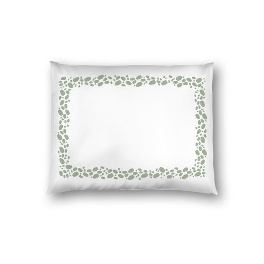 Off-white Cotton Sateen Pillow Sham, Green Hand-painted Dab Motif Print, Classic Border, White Reverse Side, Standard - 20 x 26 inches