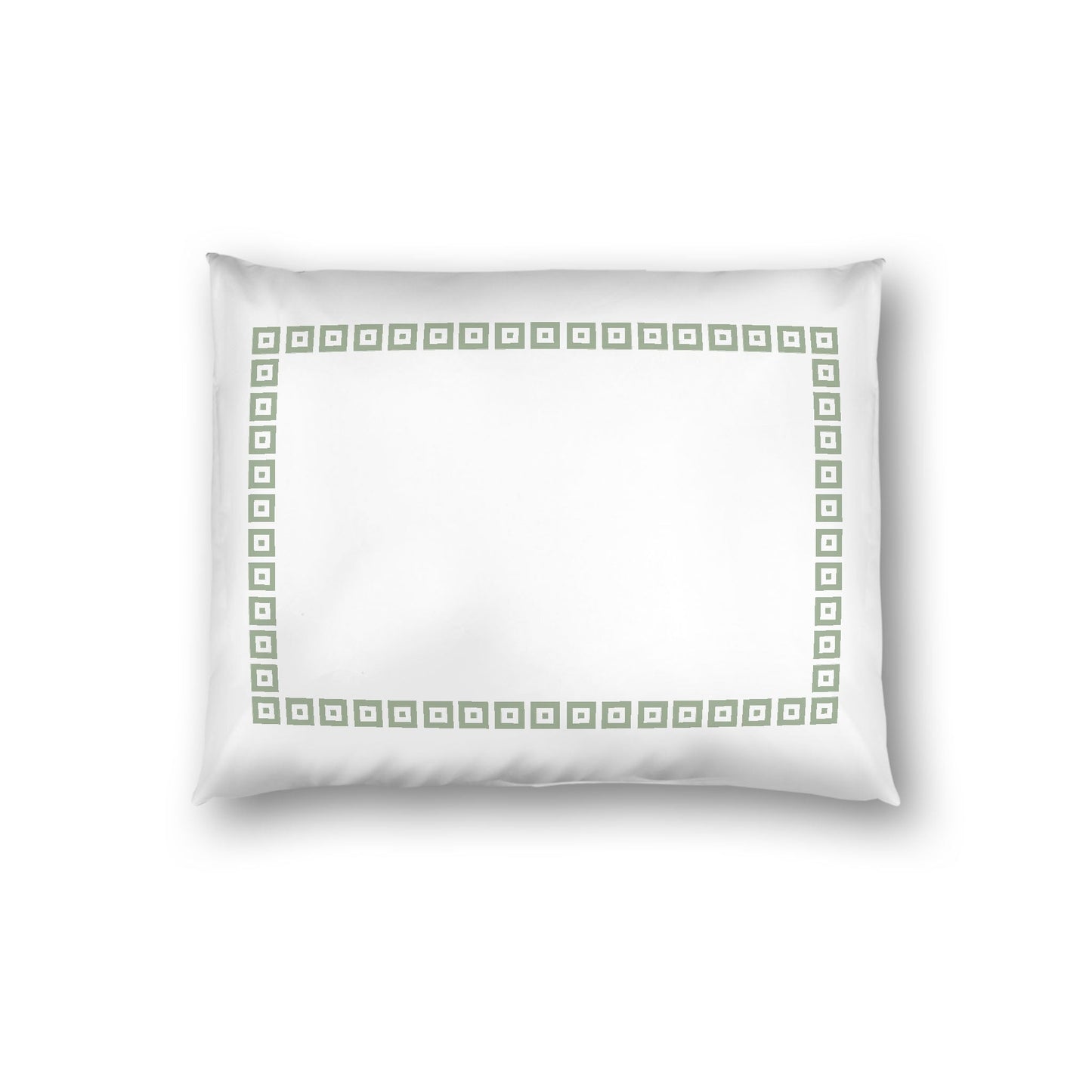 Off-white Cotton Sateen Pillow Sham, Green Repeating Square Motif Print, Classic Border, White Reverse Side, Standard - 20 x 26 inches