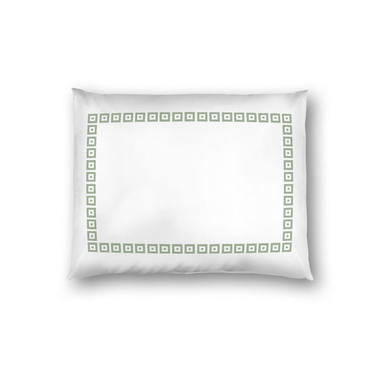 Off-white Cotton Sateen Pillow Sham, Green Repeating Square Motif Print, Classic Border, White Reverse Side, Standard - 20 x 26 inches