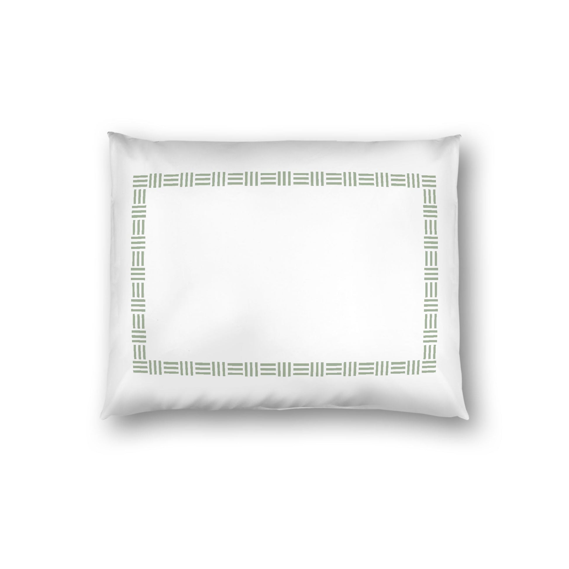 Off-white Cotton Sateen Pillow Sham, Green Single Weave Motif Print, Classic Border, White Reverse Side, Standard - 20 x 26 inches