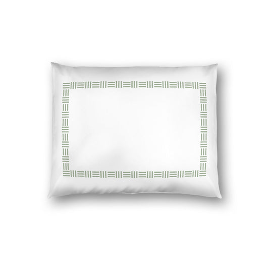 Off-white Cotton Sateen Pillow Sham, Green Single Weave Motif Print, Classic Border, White Reverse Side, Standard - 20 x 26 inches