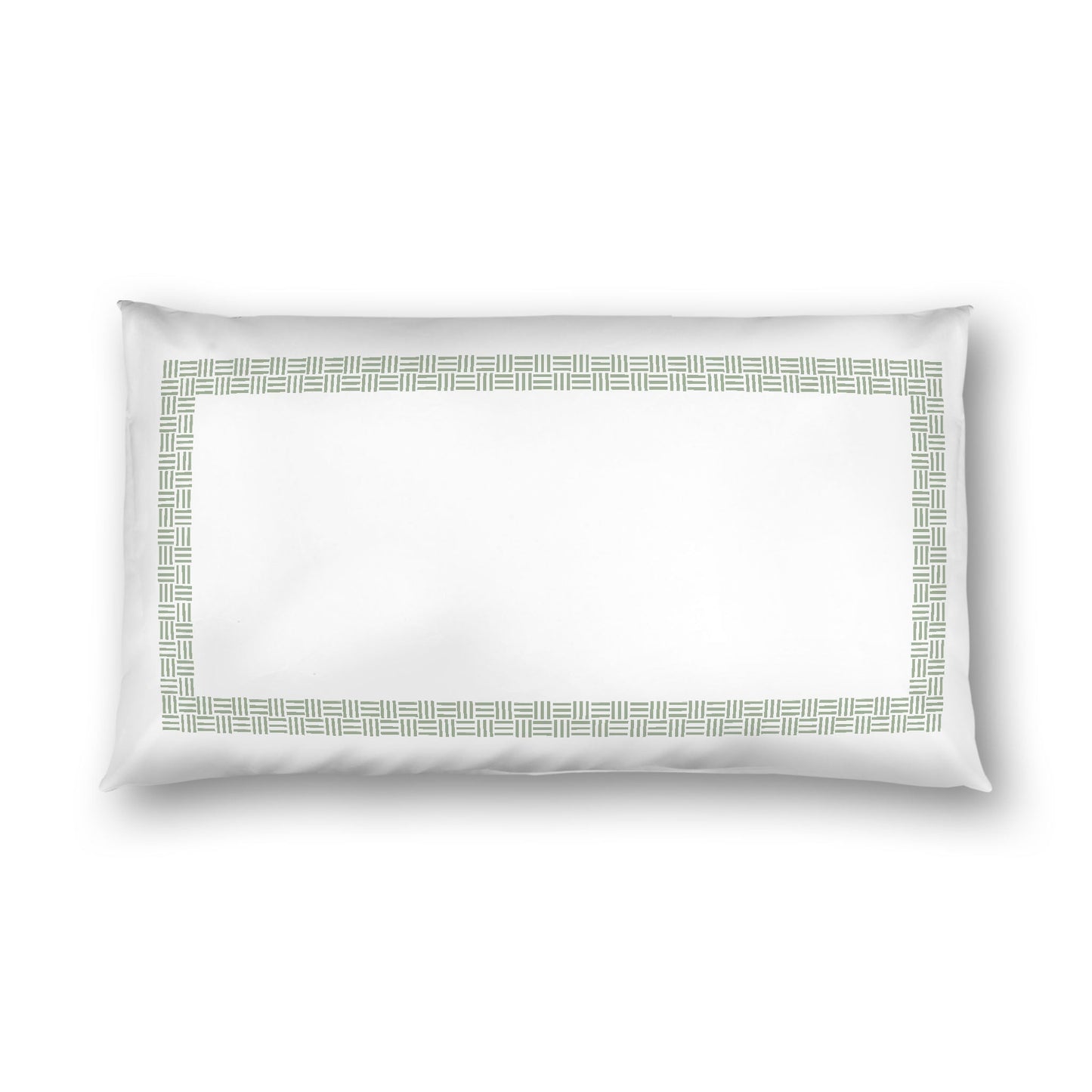 Off-white Cotton Sateen Pillow Sham, Green Double Weave Motif Print, Classic Border, White Reverse Side, King - 20 x 36 inches