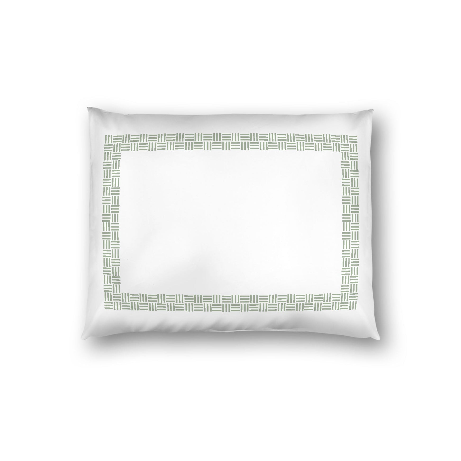 Off-white Cotton Sateen Pillow Sham, Green Double Weave Motif Print, Classic Border, White Reverse Side, Standard - 20 x 26 inches