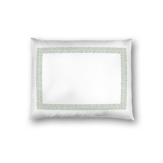 Off-white Cotton Sateen Pillow Sham, Green Double Weave Motif Print, Classic Border, White Reverse Side, Standard - 20 x 26 inches