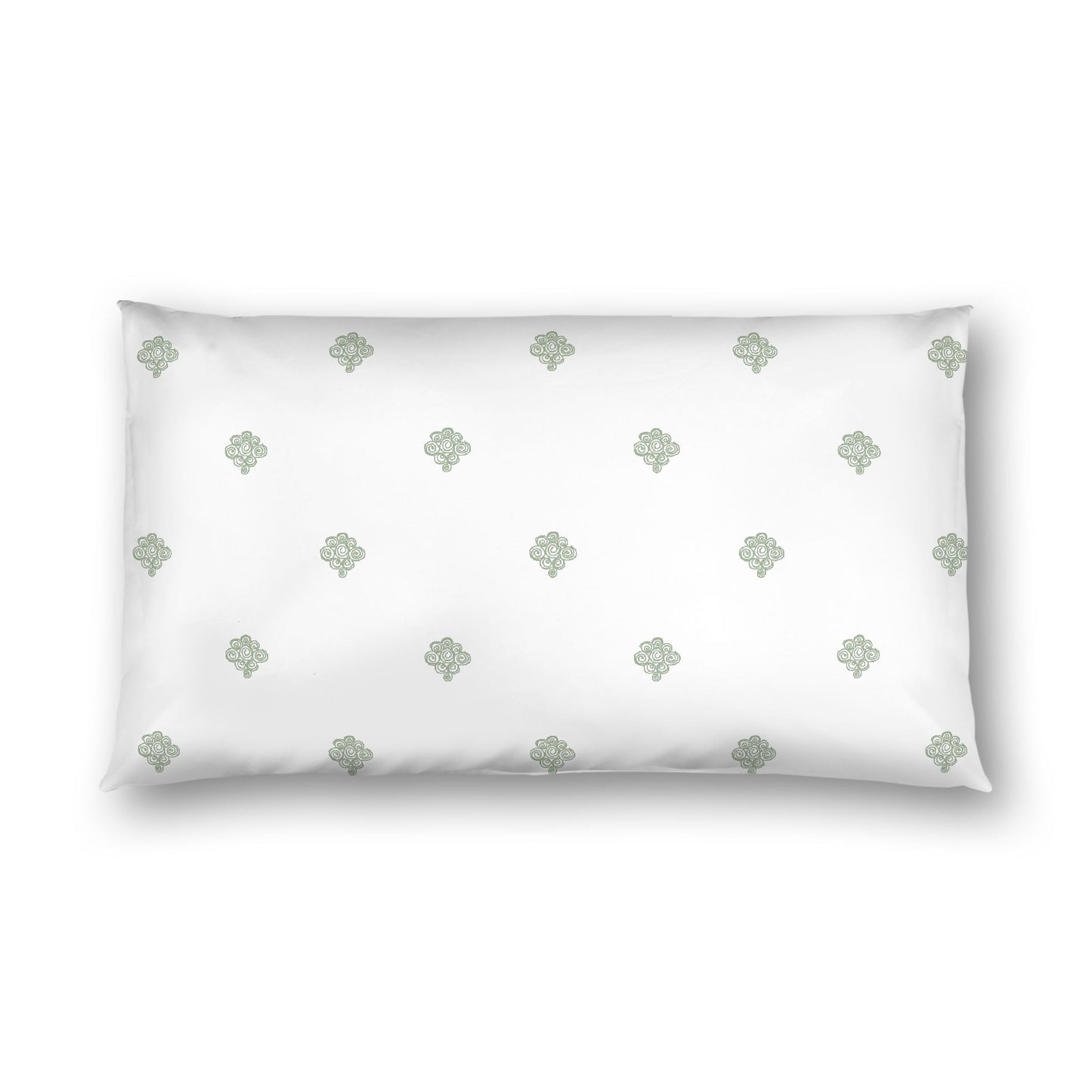Off-white Cotton Sateen Pillow Sham, Green Hand-painted Swizzle Motif Print, White Reverse Side, King - 20 x 36 inches