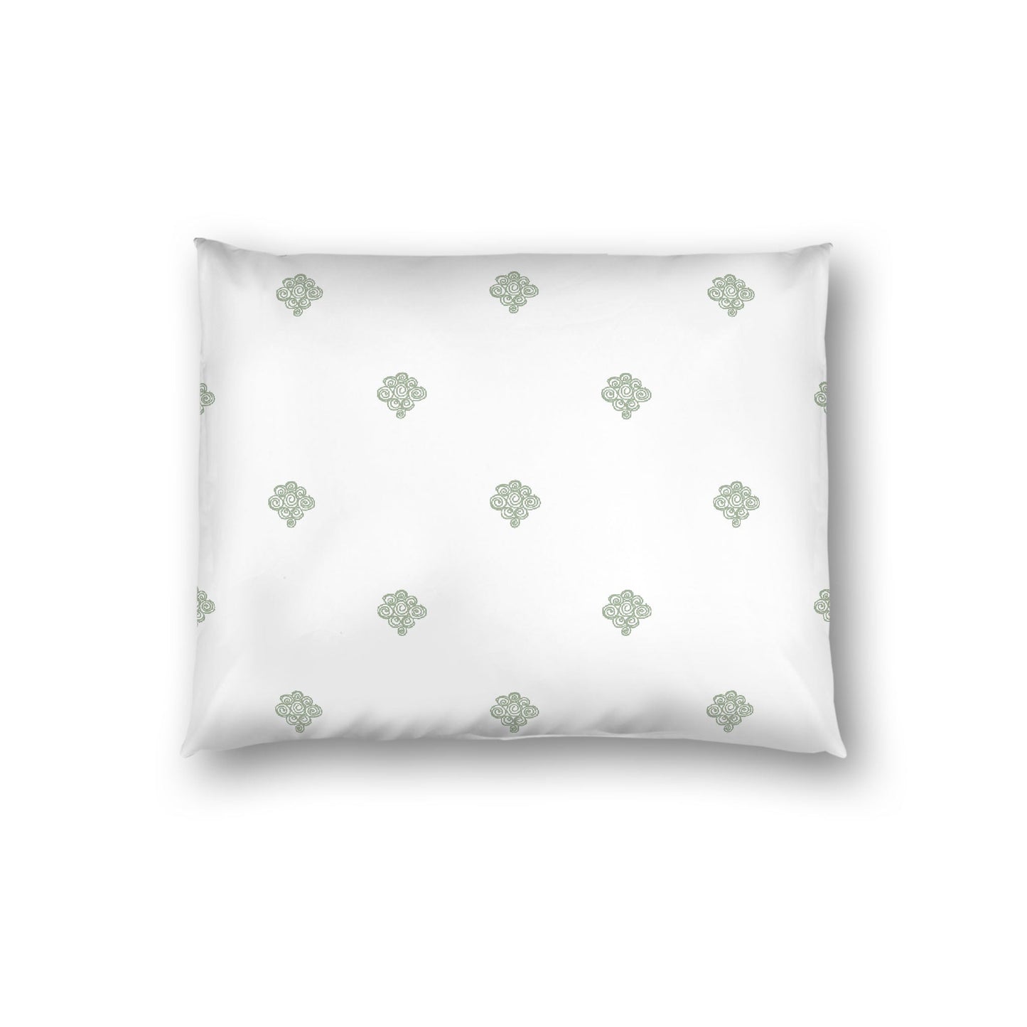 Off-white Cotton Sateen Pillow Sham, Green Hand-painted Swizzle Motif Print, White Reverse Side, Standard - 20 x 26 inches