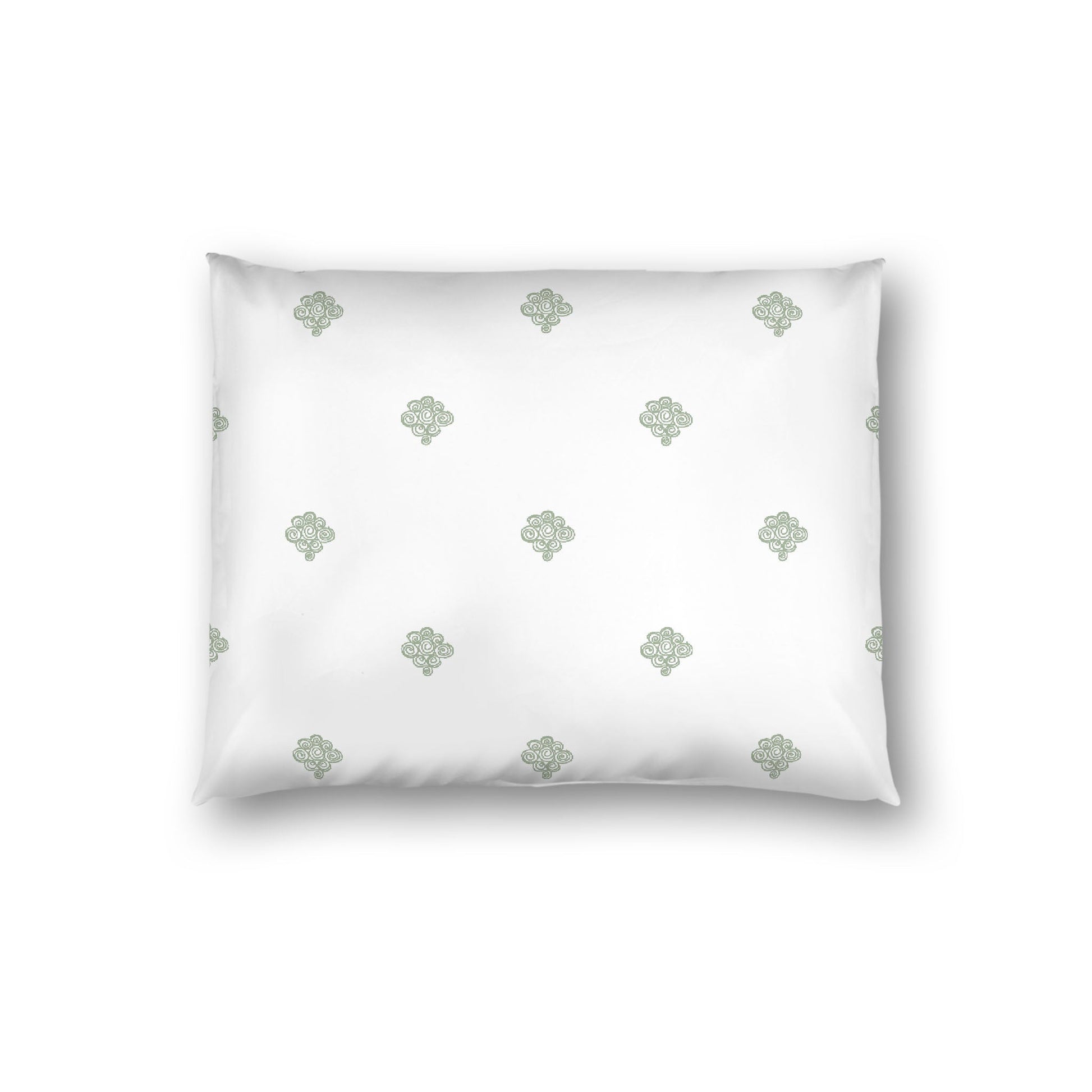 Off-white Cotton Sateen Pillow Sham, Green Hand-painted Swizzle Motif Print, White Reverse Side, Standard - 20 x 26 inches
