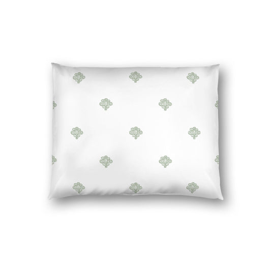 Off-white Cotton Sateen Pillow Sham, Green Hand-painted Swizzle Motif Print, White Reverse Side, Standard - 20 x 26 inches