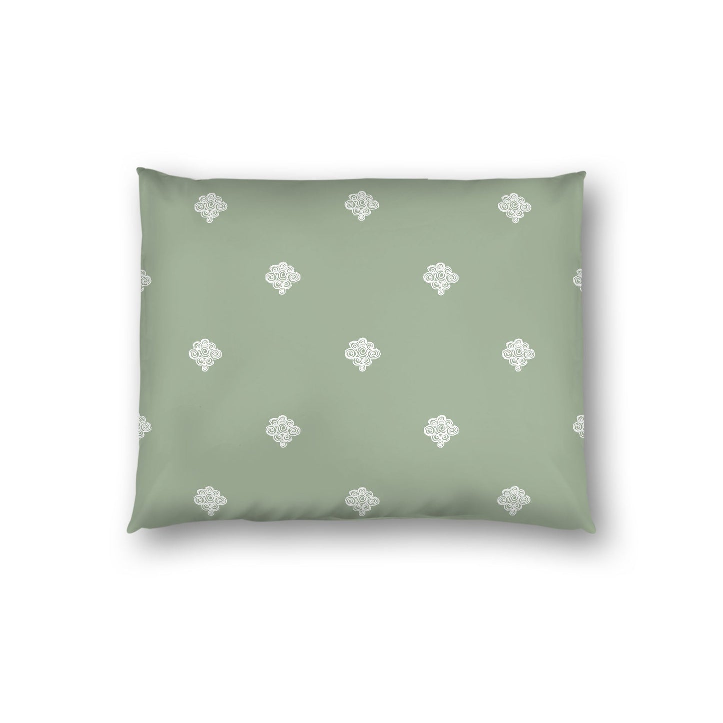Green Cotton Sateen Pillow Sham, Off-white Hand-painted Swizzle Motif Print, White Reverse Side, Standard - 20 x 26 inches