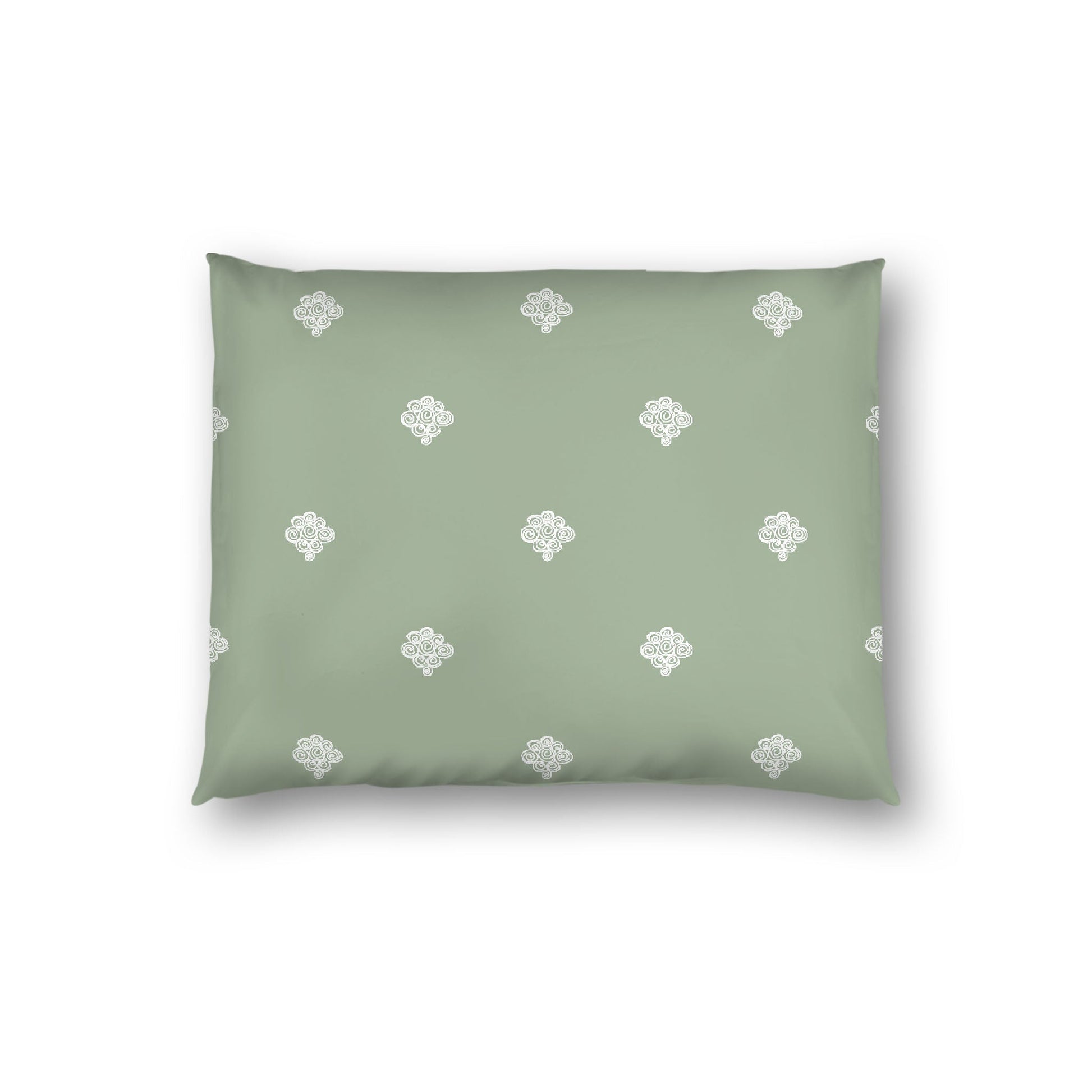 Green Cotton Sateen Pillow Sham, Off-white Hand-painted Swizzle Motif Print, White Reverse Side, Standard - 20 x 26 inches