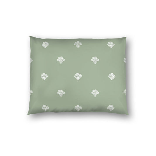 Green Cotton Sateen Pillow Sham, Off-white Hand-painted Swizzle Motif Print, White Reverse Side, Standard - 20 x 26 inches