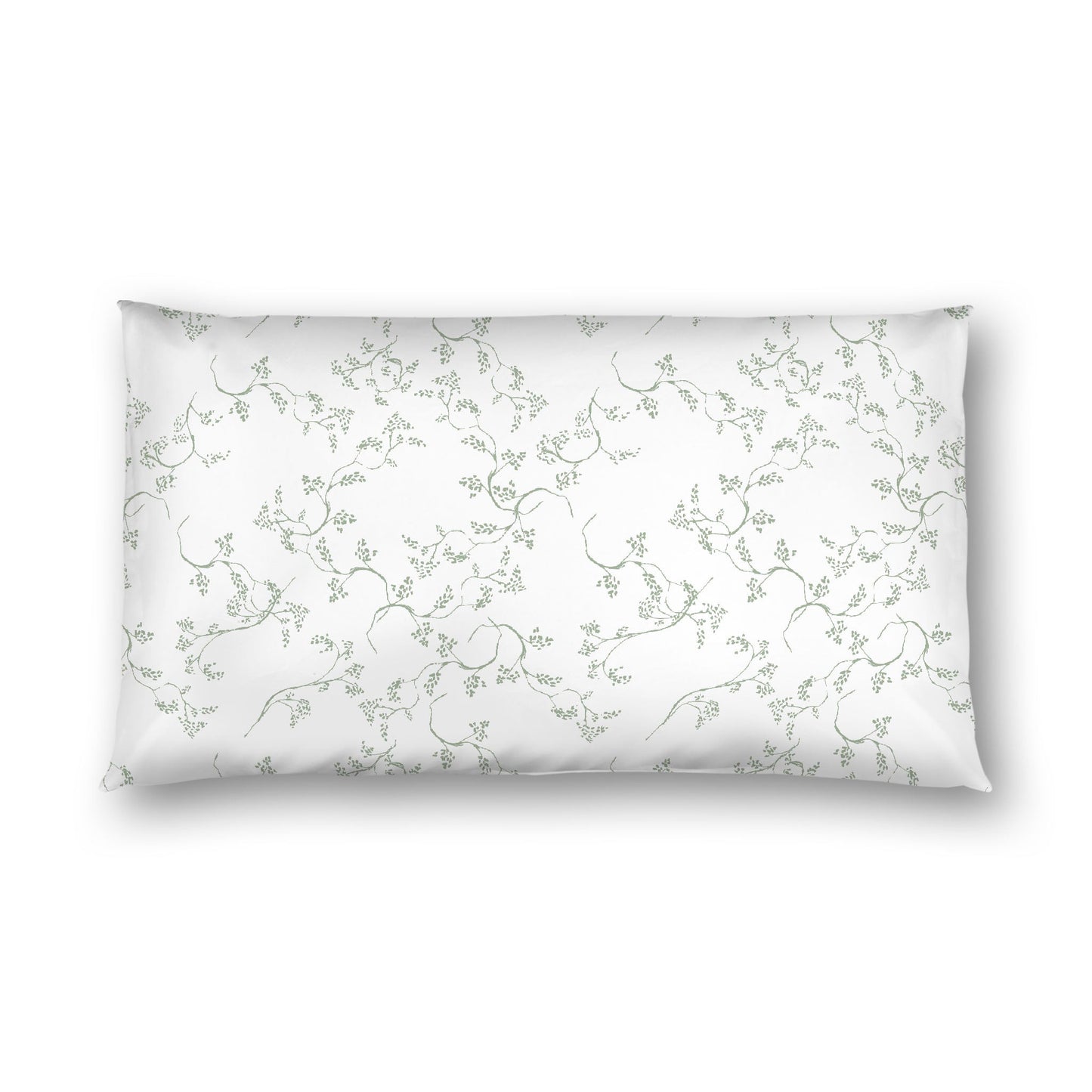 Off-white Cotton Sateen Pillow Sham, Green Hand-painted Vine Print, White Reverse Side, King - 20 x 36 inches