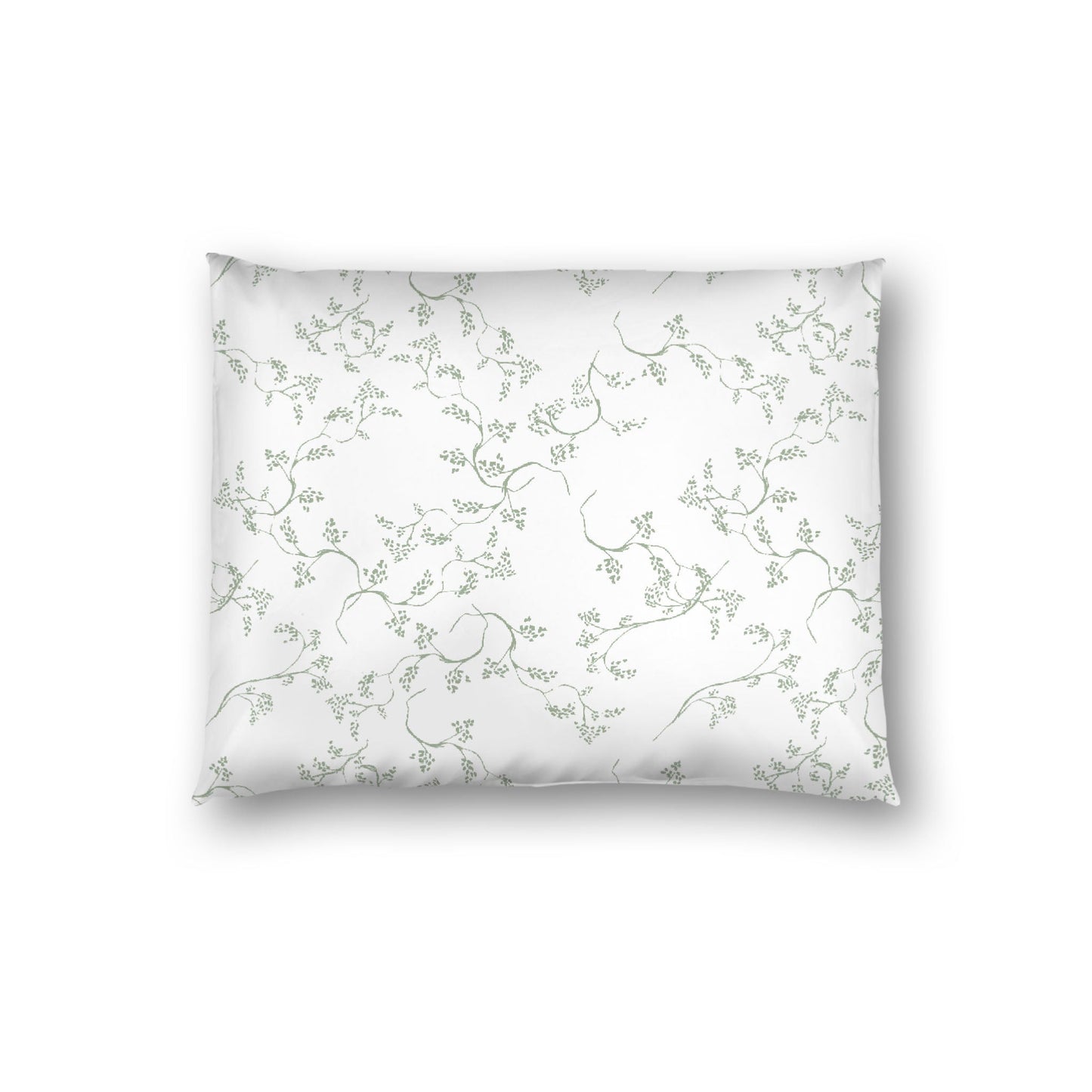 Off-white Cotton Sateen Pillow Sham, Green Hand-painted Vine Print, White Reverse Side, Standard - 20 x 26 inches
