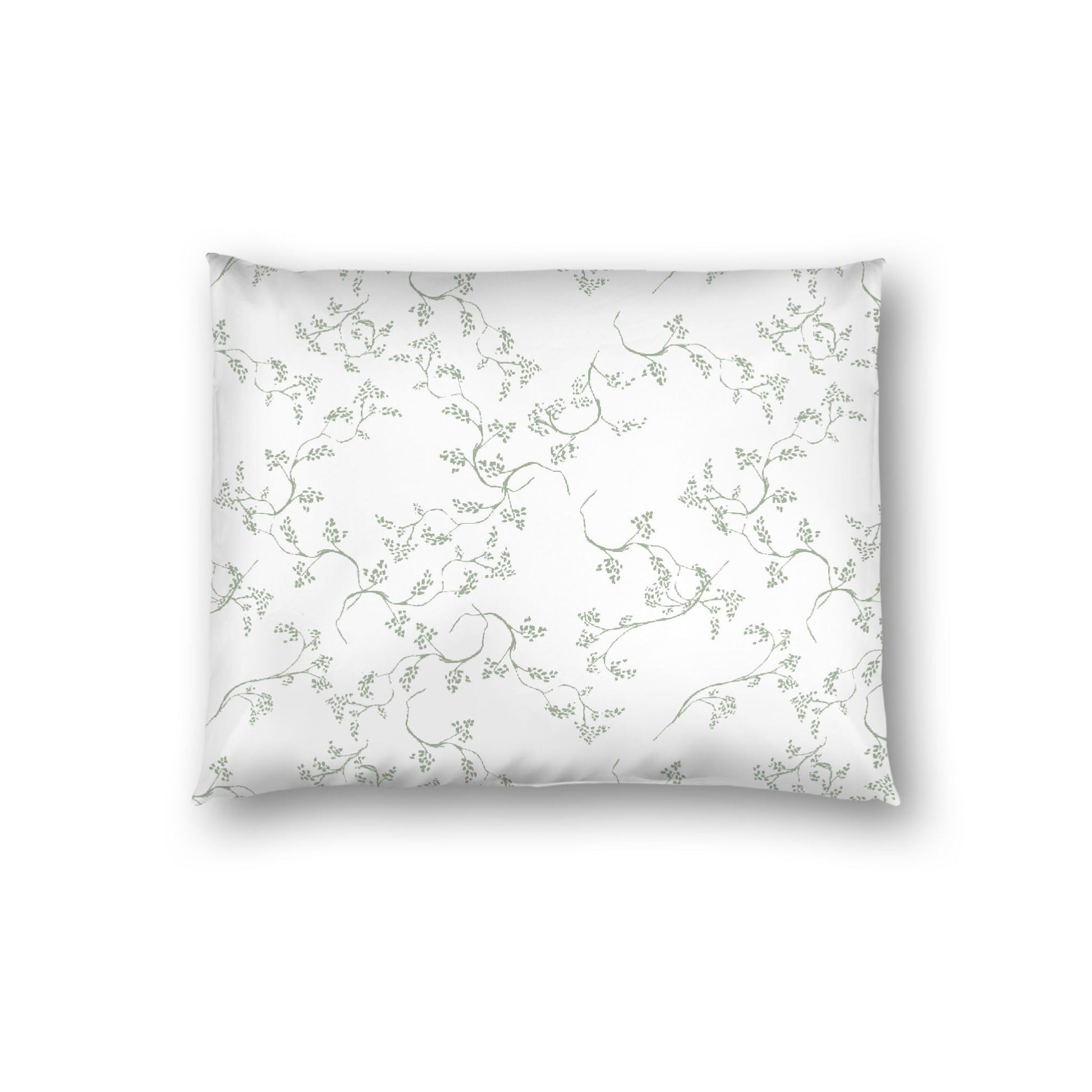 Off-white Cotton Sateen Pillow Sham, Green Hand-painted Vine Print, White Reverse Side, Standard - 20 x 26 inches