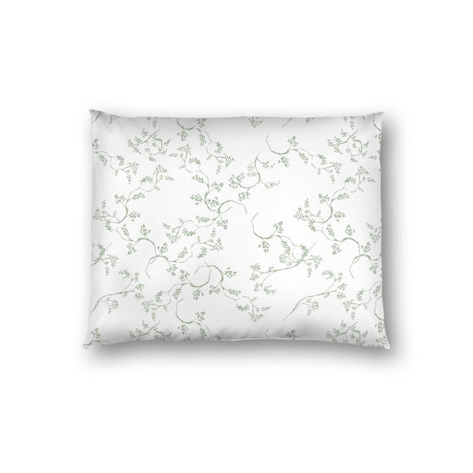 Off-white Cotton Sateen Pillow Sham, Green Hand-painted Vine Print, White Reverse Side, Standard - 20 x 26 inches