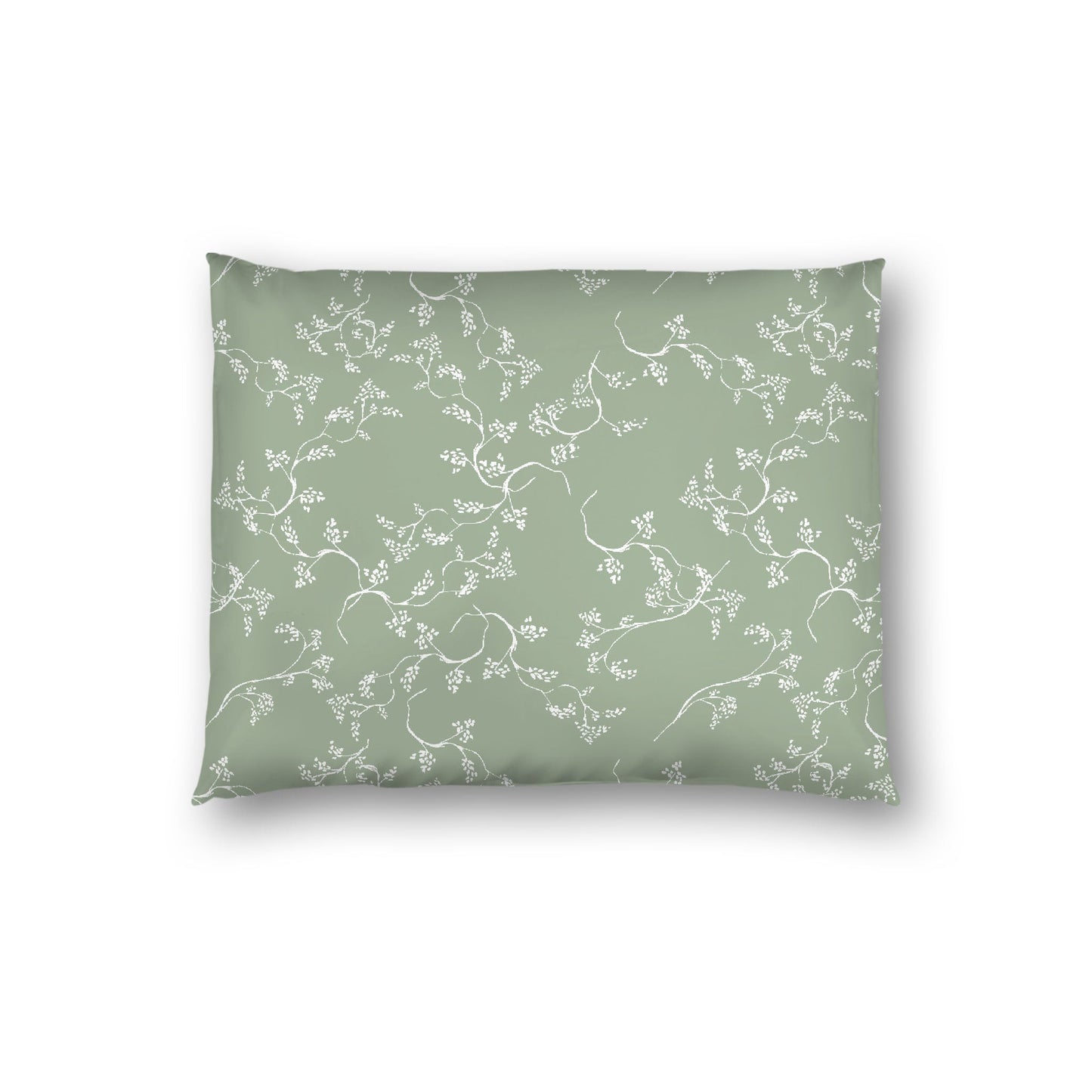 Green Cotton Sateen Pillow Sham, Off-white Vine Print on Front, White Reverse Side, Standard - 20 x 26 inches