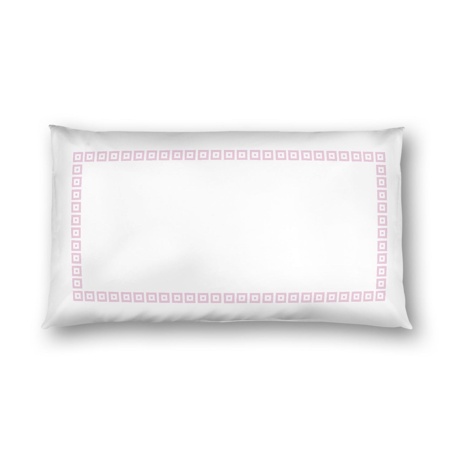 Off-white Cotton Sateen Pillow Sham, Pink Repeating Square Motif Print, Classic Border, White Reverse Side, King - 20 x 36 inches