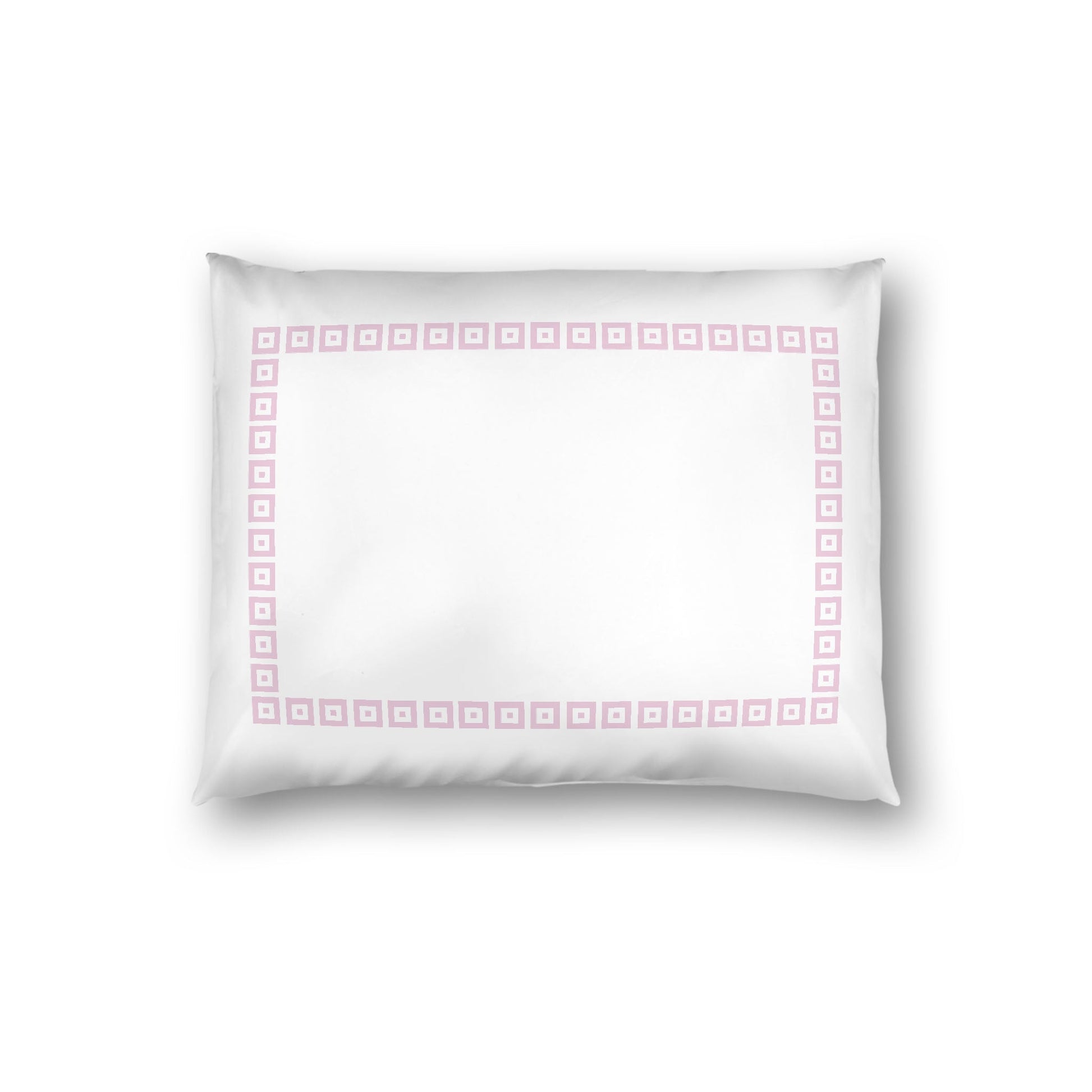 Off-white Cotton Sateen Pillow Sham, Pink Repeating Square Motif Print, Classic Border, White Reverse Side, Standard - 20 x 26 inches
