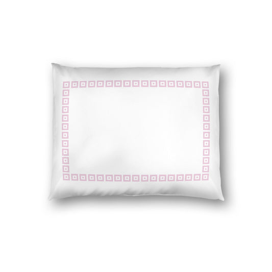 Off-white Cotton Sateen Pillow Sham, Pink Repeating Square Motif Print, Classic Border, White Reverse Side, Standard - 20 x 26 inches