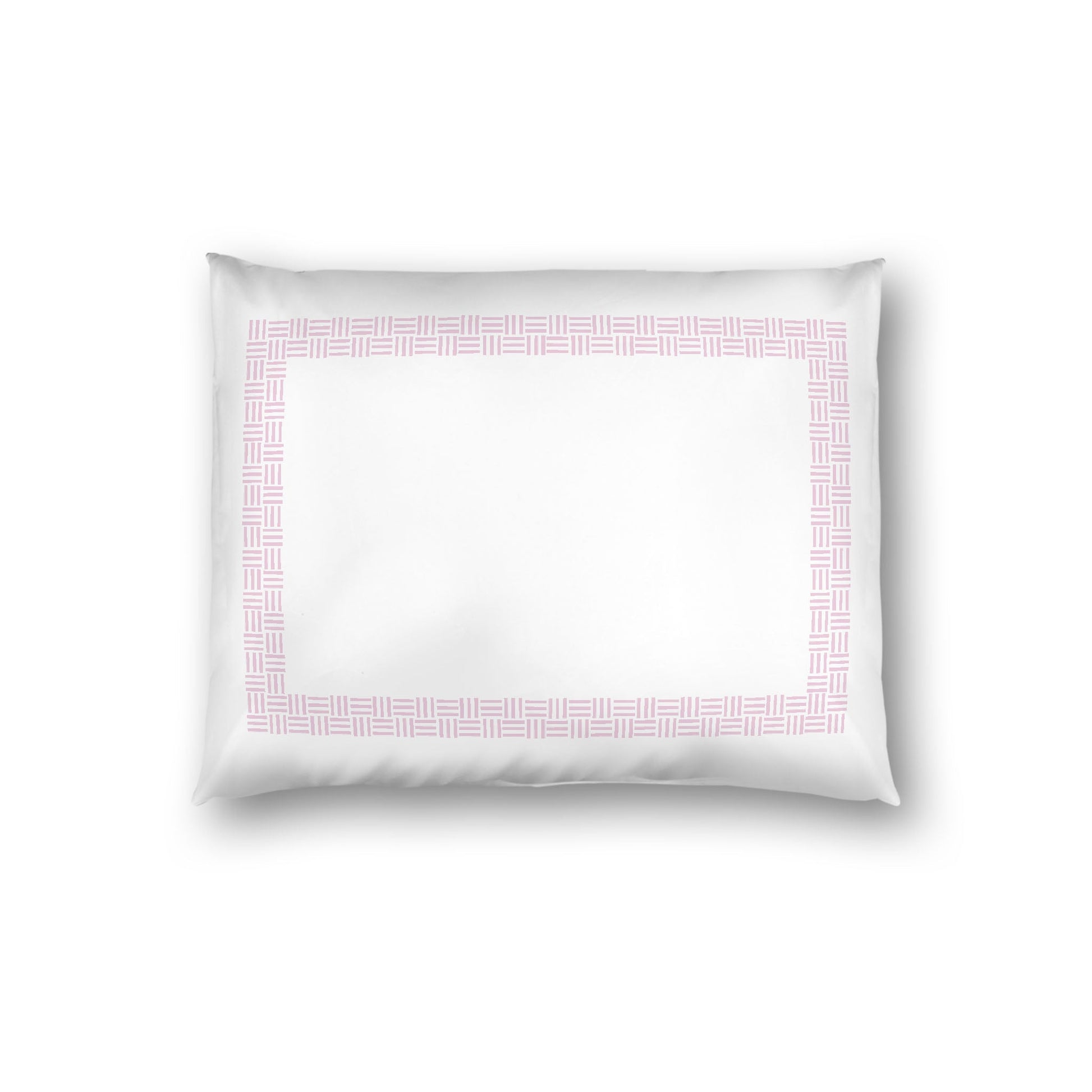 Off-white Cotton Sateen Pillow Sham, Pink Double Weave Motif Print, Classic Border, White Reverse Side, Standard - 20 x 26 inches